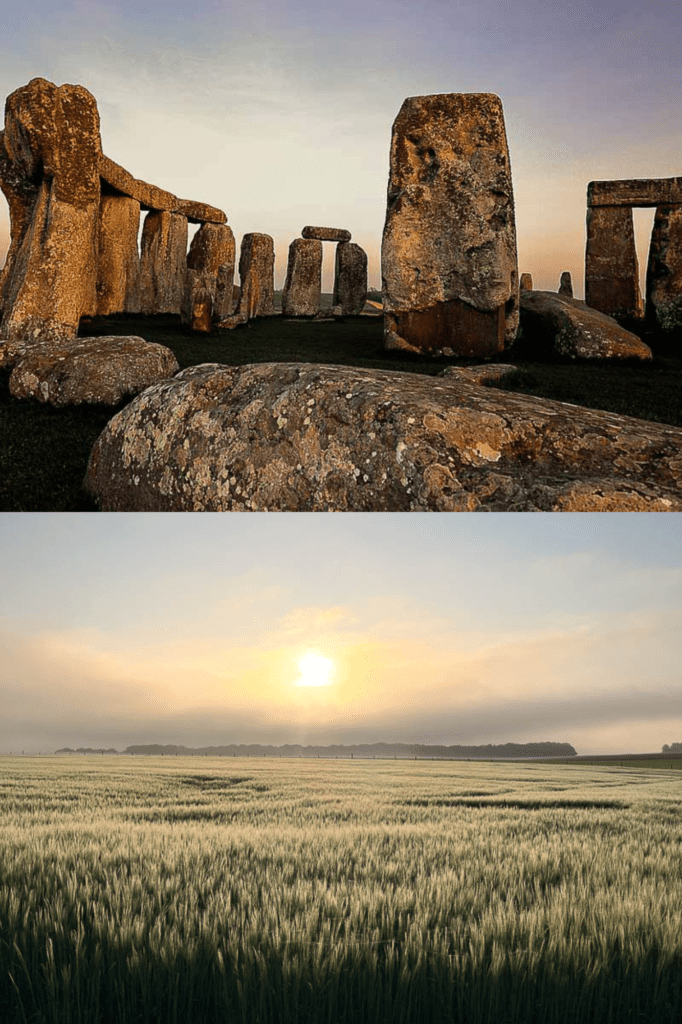 Summer Solstice collage at the field at the field and by Stonehenge.