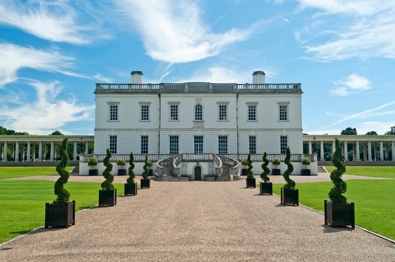 Queen's House with topiary swirl trees, Royal Museums Greenwich