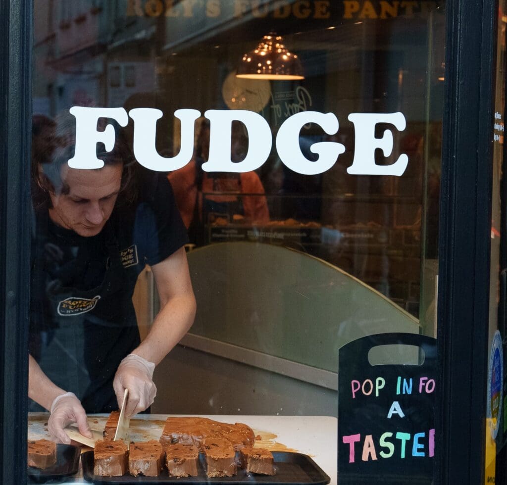 Roly's Fudge Pantry in Bath. One of the many fudge shops in Bath. One of the great things to visit as part of a day tour to Bath.