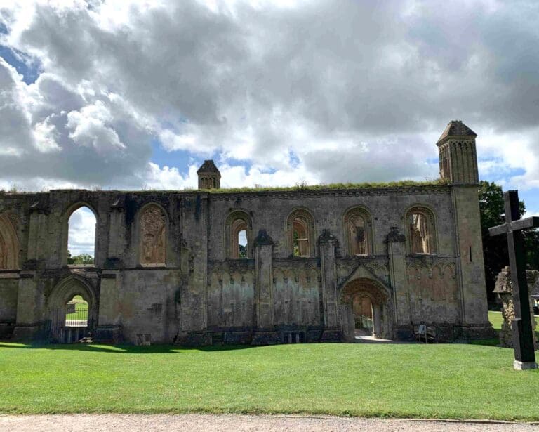 Glastonbury Abbey, now a monument but historically a church that is also the burial place of King Arthur.