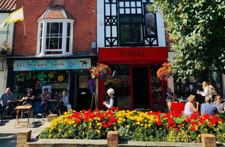 Glastonbury high street shop fronts.