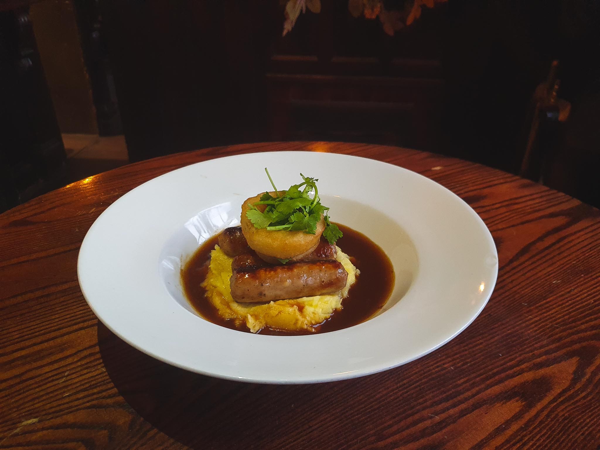 Anchor Tap Pub - Bangers and Mash from their lunch menu. One of the top restaurants to visit in Tower Bridge, London.
