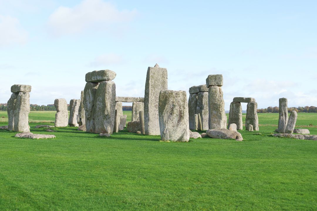 Wide landscape view of Stonehenge.