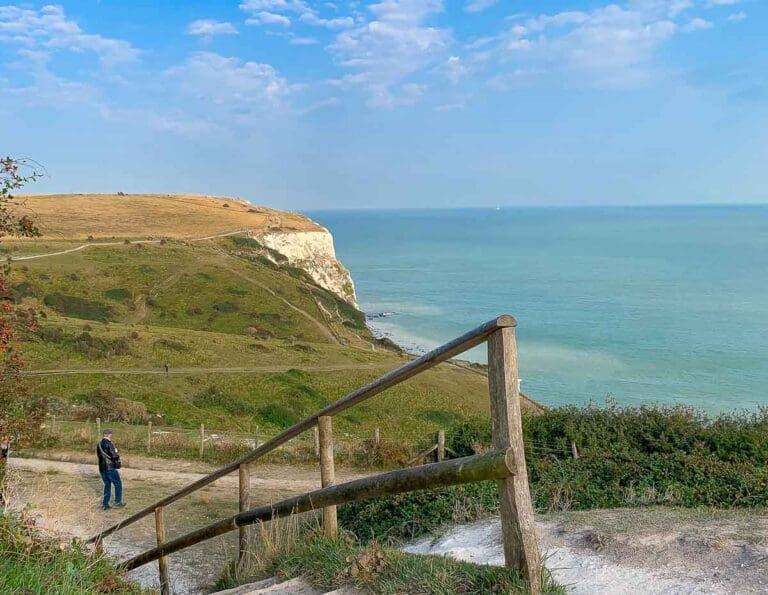 A picture in Dover, at The White Cliffs of Dover with the English Channel in view.