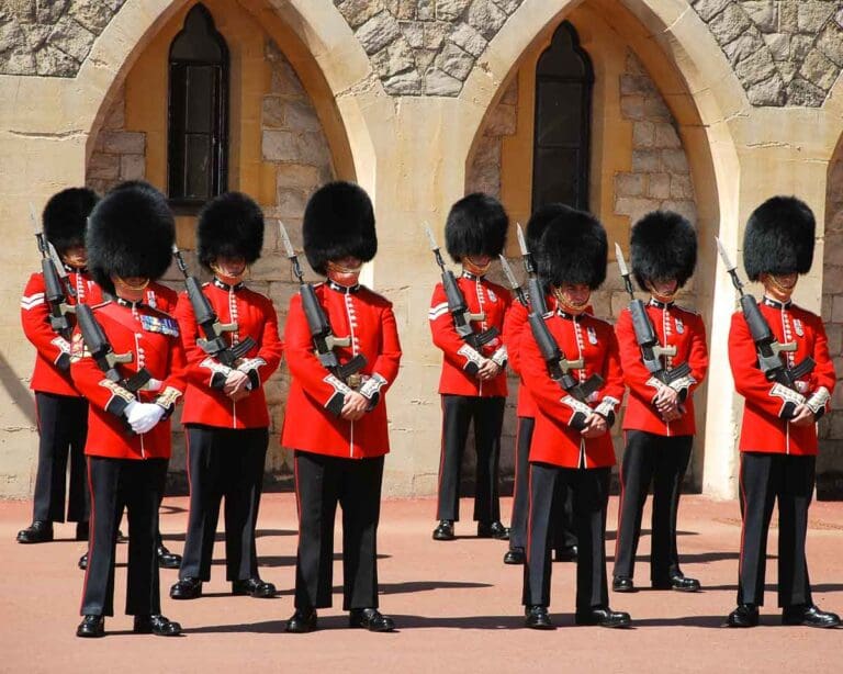 A picture of the King's Guards at Windsor Castle performing the Changing of The Guard.