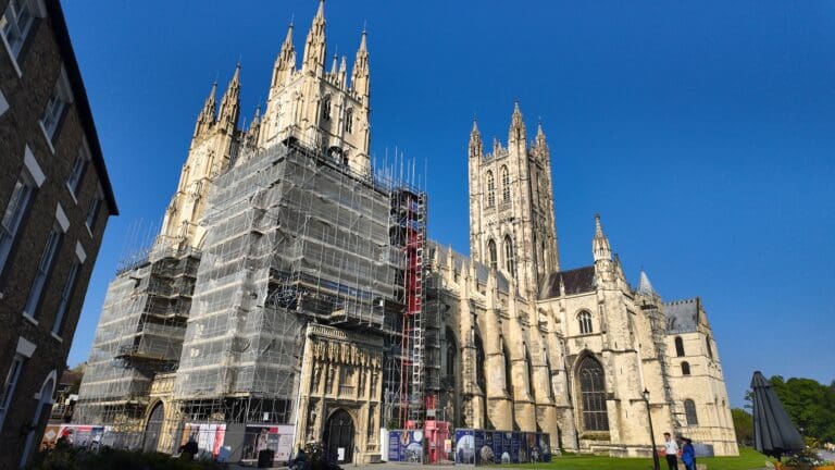 The west front of Canterbury Cathedral - Currently in restoration with work expected to be completed in 2028.