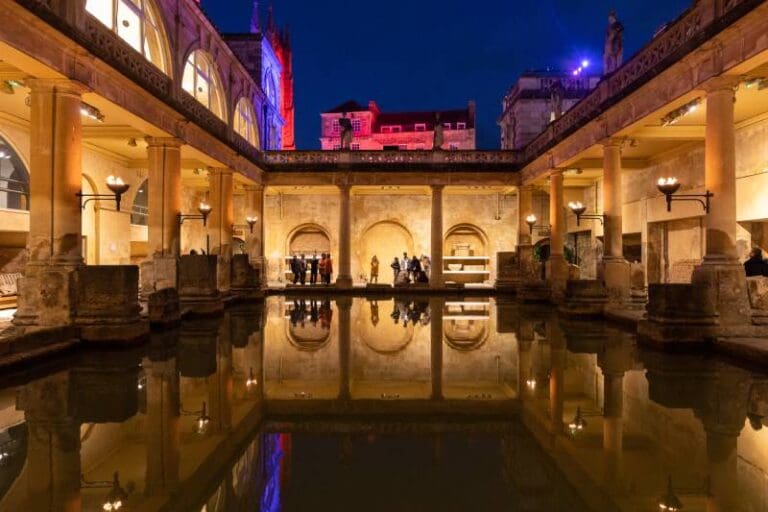 Great Roman Baths museum with night lights