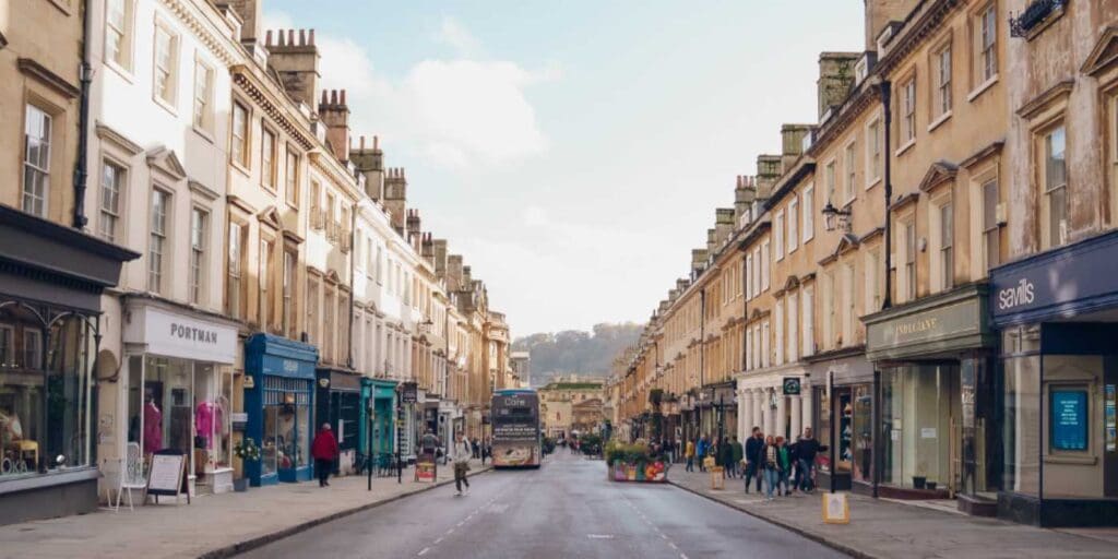 Milsom Street in Bath, part of the Anderson Tours day trip of Stonehenge & Bath day tour from London.