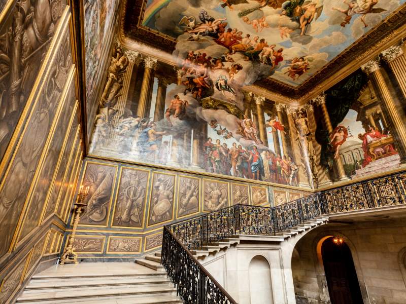 Hampton Court Palace inside the palace - The King's Staircase. Hampton Court Palace tour from London with tickets included.